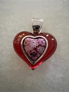 Alan K Pendant Glass Red Heart Pendant, Inner Pink Millefiori 925 Silver